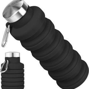 Collapsible Water Bottles, Reuseable BPA Free Silicone Foldable Water Bottle 16oz, Lightweight Leakproof Portable Travel Water Bottles for Traveling Camping Hiking Sports Outdoors(Black)